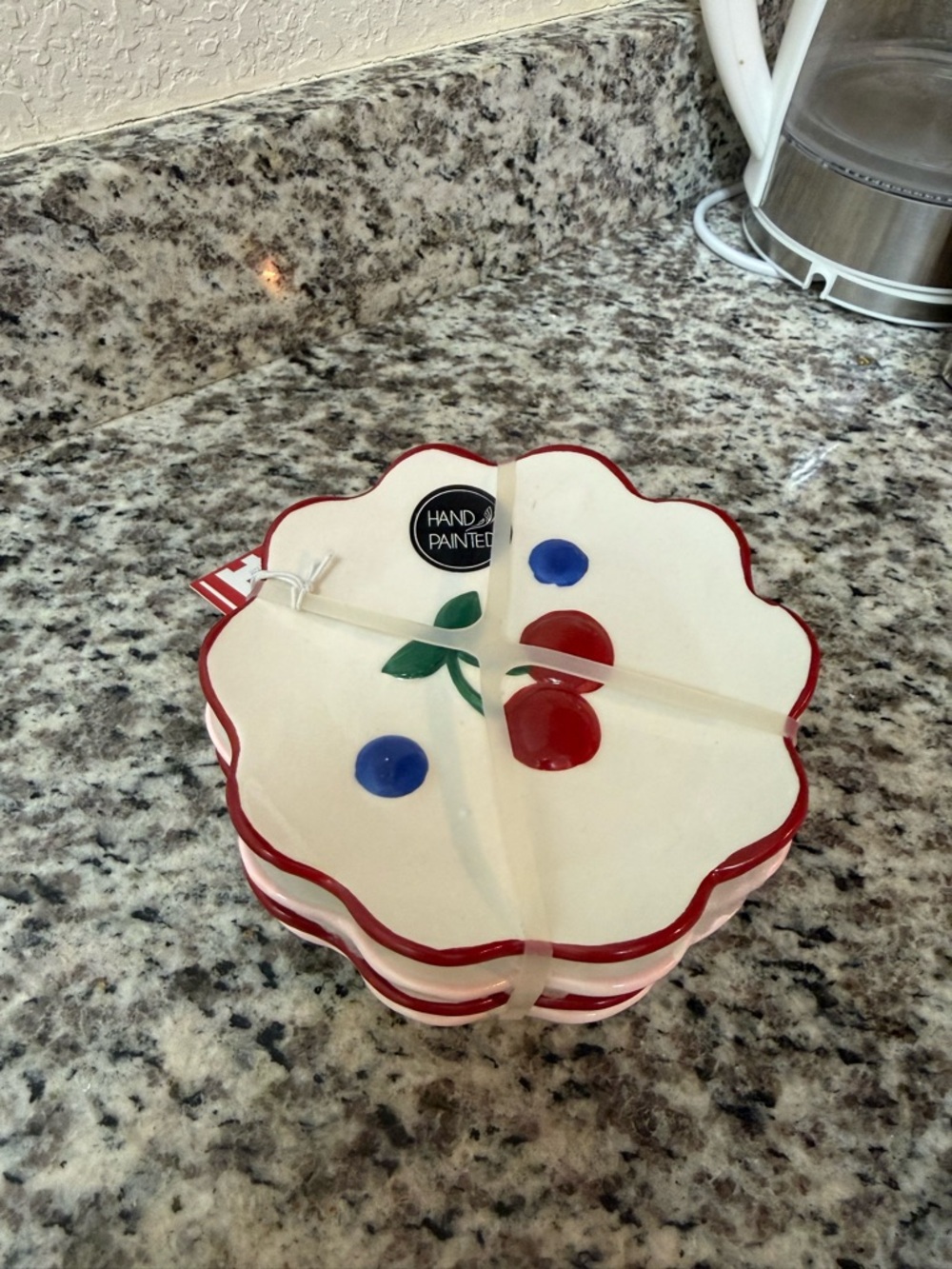 Hand-Painted Floral Ceramic Divided Dish - White with Red Trim